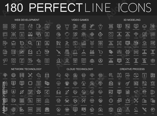 180 modern thin line icons set on dark black background. Web development, video games, 3d modeling, network technology, cloud data technology, creative process isolated