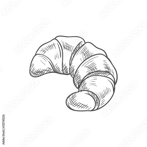 Buttery croissant continental breakfast food isolated sketch. French crescent roll, bun pastry bread