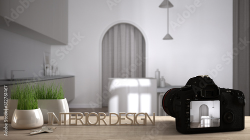Wallpaper Mural Architect photographer designer desktop concept, camera on wooden work desk with screen showing interior design project, blurred scene background, modern white kitchen idea template Torontodigital.ca
