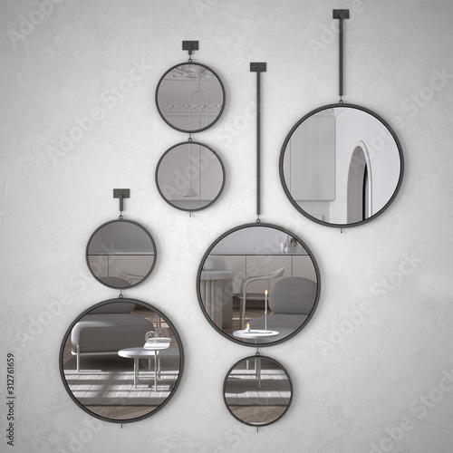 Fotomural Round mirrors hanging on the wall reflecting interior design scene, minimalist c
