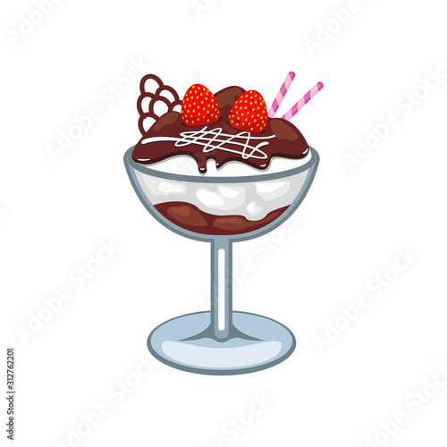 Sundae ice cream in glass cup isolated. Vector chocolate and vanilla dessert with raspberries, wafer sticks