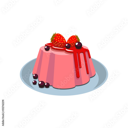 Strawberry pannacotta isolated italian dessert on plate. Vector pudding panna cota, chocolate balls