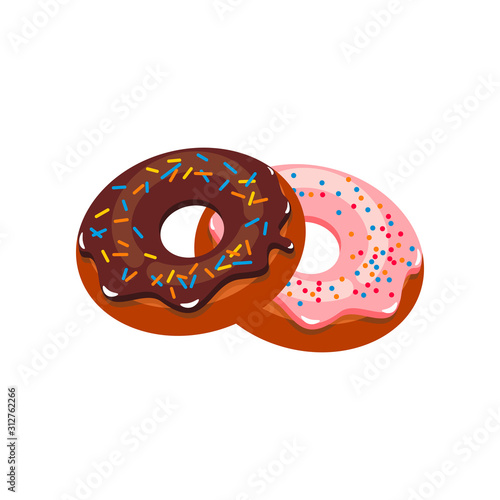 Chocolate and strawberry donuts isolated pastry food. Vector doughnut with sprinkles, cake in glaze
