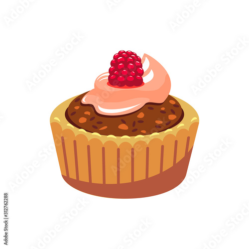 Sweet bakery food isolated muffin with chocolate cream and raspberry topping. Vector confectionery dessert