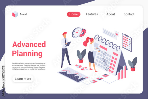Advanced planning landing page vector template. Management website interface idea with flat illustrations. Work optimization homepage layout. Teamwork web banner, webpage isometric cartoon concept