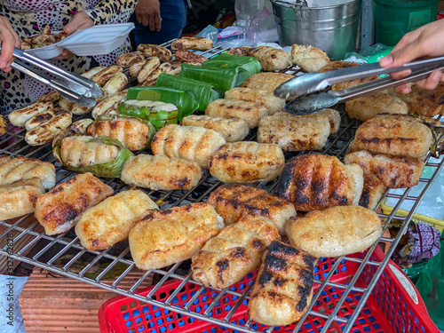 Grilled banana wrapped with sticky rice at Cambodia outdoor market