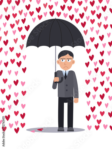 Unhappy serious sad man with an umbrella standing under a rain of hearts. Loneliness on Valentine Day.