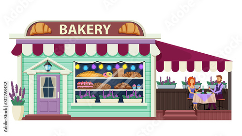 Bakery flat vector illustration. Pastry cafe exterior. Bakeshop front view. Patisserie establishment with vitrine and terrace. French cafeteria building. Storefront cartoon background