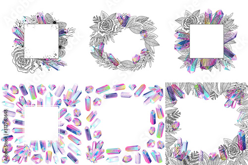 Set of romantic foliage frames with rose, moths and crystals isolated. Black and white floral elements, flowers, gradient multicolored gems. Vector illustration.