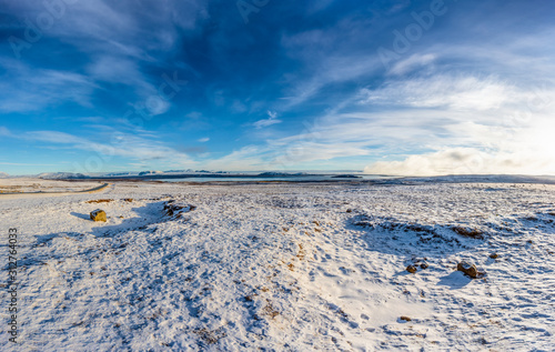 Panoramic view over empty area around Borgarnes in southern Iceland in winter during daytime