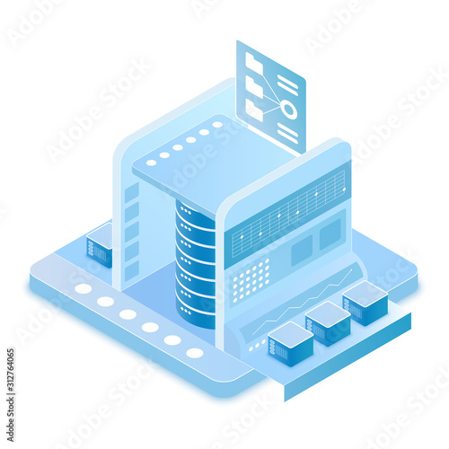 Big data technology isometric vector illustration. Data center. Mainframe and information storage technology. Workstation, domain. Hosting and server. Database cartoon conceptual design element
