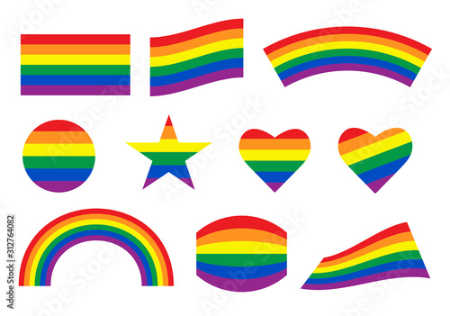 Rainbow flag set. LGBT pride flag. Symbols, circle, star, heart, rainbow icons. Vector illustration