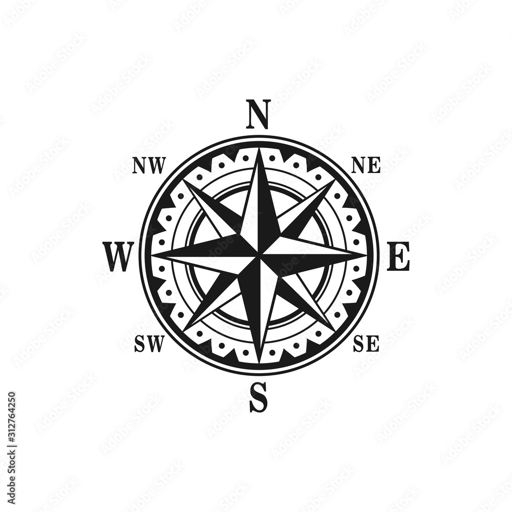 Navigation marine compass or Wind Rose vector icon. Isolated symbols of nautical retro navigator compass with winds names of East, West, North and South arrows for ship travel design