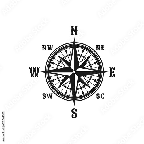 Navigation marine compass or Wind Rose vector icon. Isolated symbols of nautical retro navigator compass with winds names of East, West, North and South arrows for ship travel design