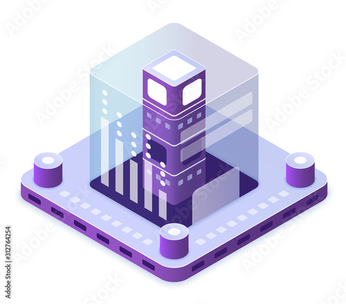 Blockchain technology isometric vector illustration. Innovative electronic computer tech. Database for information. Virtual platform. Server hardware. Datacenter cartoon conceptual design element
