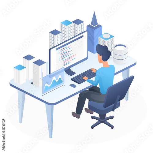 Smart city programming isometric vector illustration. Innovative technology development. Computer science and web coding. Male programmer working beside desk. Internet of things design element