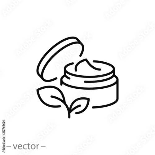 natural organic cosmetics icon, open jar, bio skin care, cream , thin line web symbol on white background - editable stroke vector illustration eps10