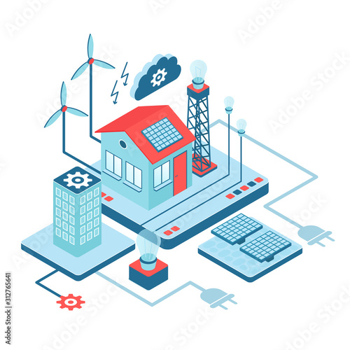 Smart home isometric vector illustration. Futuristic technology. Control panel for ergonimical power usage. Automated building management. Innovative house cartoon conceptual design element