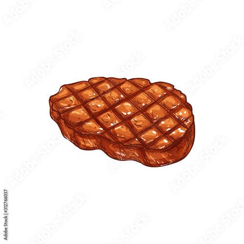 Barbecue steak sketch icon, grilled meat isolated vector. Cooked beef or pork, food