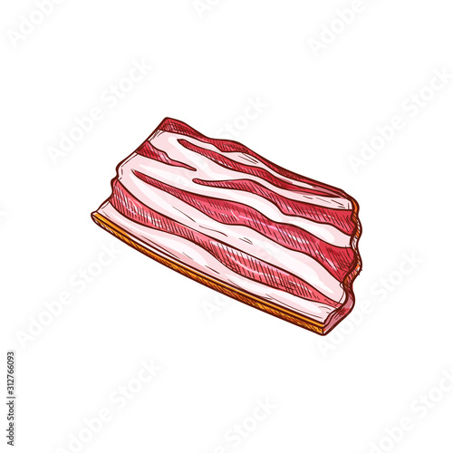 Slice of fresh bacon, pork smoked neck, fat meat piece vector isolated sketch icon