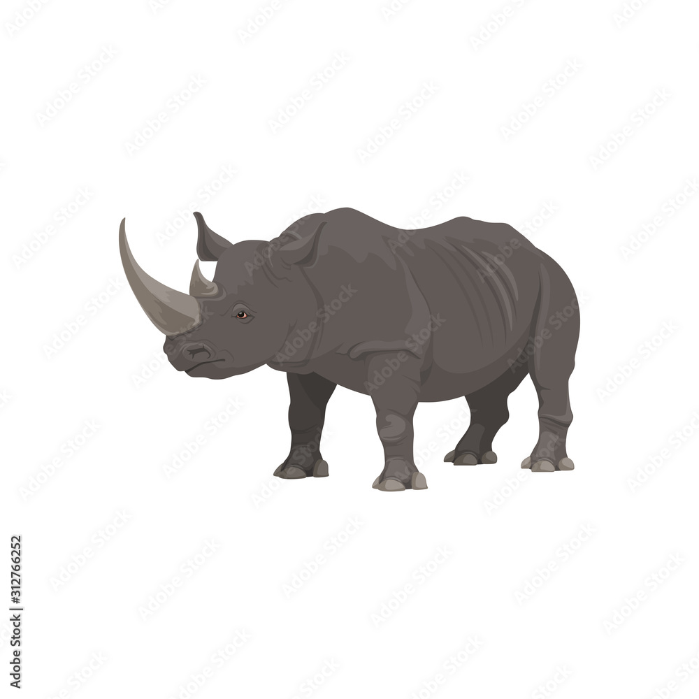 Fototapeta premium Rhinoceros wild animal vector isolated icon. African safari zoo and savanna hunt trophy rhinoceros