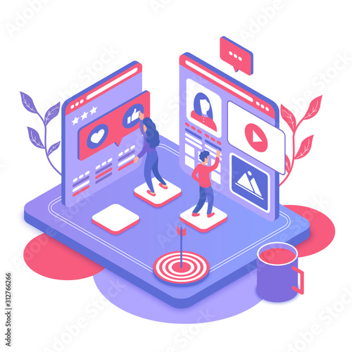 Social media marketing isometric vector illustration. Online digital platform for female and male bloggers. Advertising in internet with professional agency. SMM cartoon conceptual design element