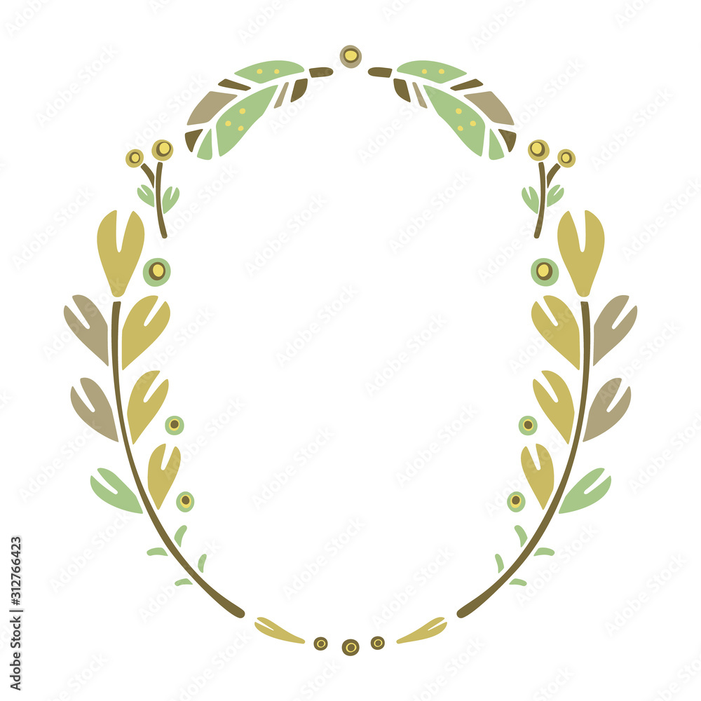 Yellow folk frame with copy spase. Round doodle template for print, poster, card. Symmetric ornament floral illustration. Scandinavian or Swedish style. Free hand drawn isolated vector image