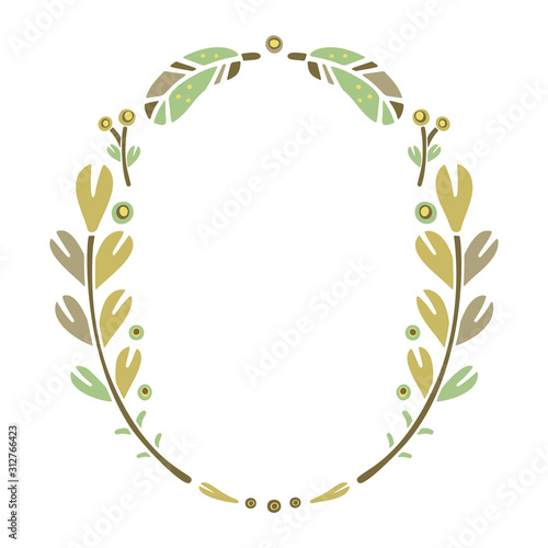 Yellow folk frame with copy spase. Round doodle template for print  poster  card. Symmetric ornament floral illustration. Scandinavian or Swedish style. Free hand drawn isolated vector image