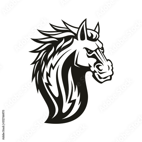 Horse mustang head isolated. Vector equestrian sport mascot, tattoo mare or stallion