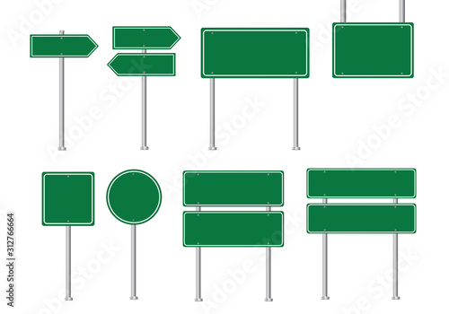 Set of road signs. Blank green road sign. Vector illustration.