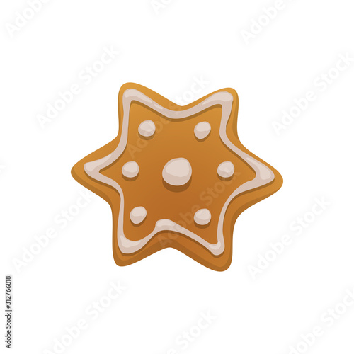 Gingerbread cookie, star with white sugar topping isolated. Vector baked pastry food, biscuit dessert