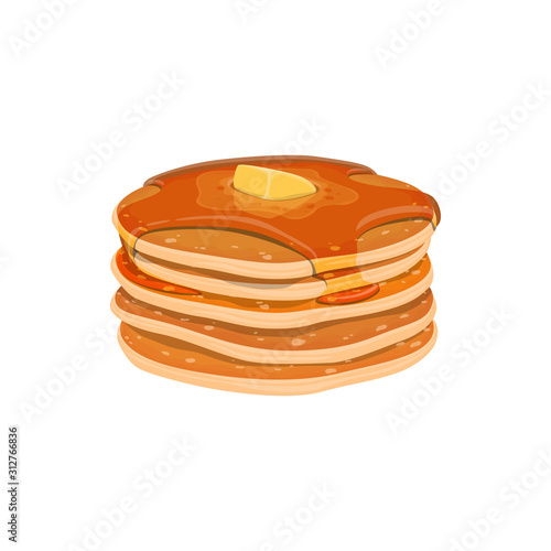 Pancakes with sweet maple syrup isolated. Vector pile of homemade dessert with honey