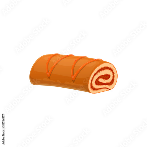 Sweet roll with jam isolated cake. Vector slice biscuit, bakery food with jelly