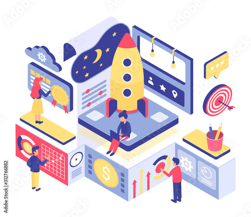 Start up isometric vector illustration. Business development. Teamwork on new corporate project. Starting company. Cryptoccurency, blockchain. Enterpreneurship cartoon conceptual design element