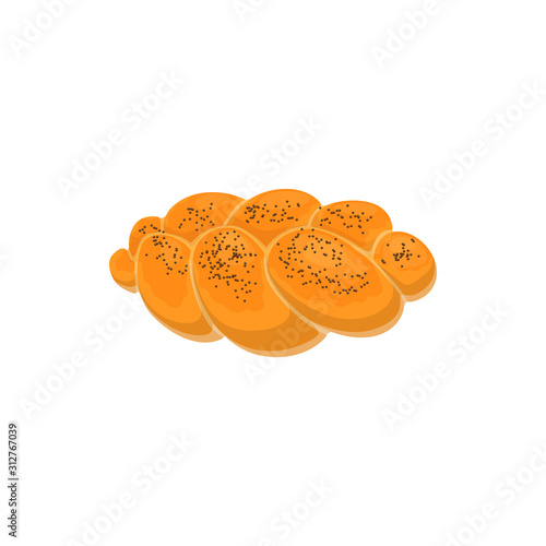 Braided bread with poppy seeds isolated. Vector homemade wicker pastry food, wheat bun