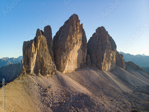 Mountainous landscape in evening in Three Peaks Nature Park in Italian dolomite Alps, Sesto Dolomites in South Tyrol