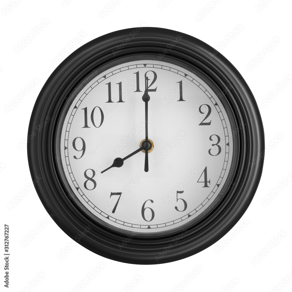 wall round clock black and white with number clockwise on eight o'clock straight or 8 am pm for working time start or study school and morning wake up on vintage white isolated included clipping path wall round clock black and white with number clockwise on eight o'clock straight or 8 am pm for working time start or study school and morning wake up on vintage white isolated included clipping path