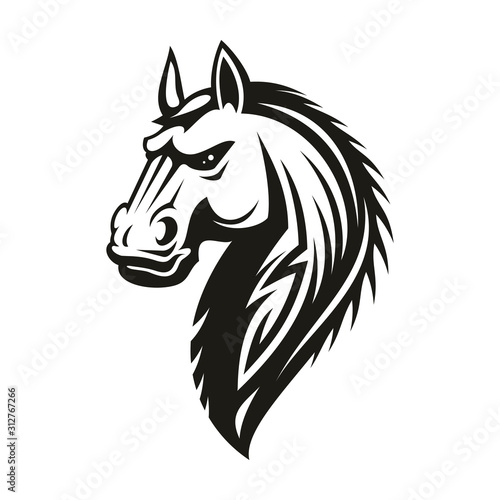 Fototapeta Naklejka Na Ścianę i Meble -  Horse head icon of black tribal animal. Wild mustang stallion or mare with curved neck and ornamental mane for tattoo, horse racing sport mascot or t-shirt print design