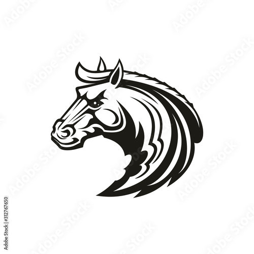 Horse animal icon of tribal tattoo or racing sport mascot. Head of black stallion, wild mustang or racehorse symbol of aggressive horse for breeding farm, riding club emblem or equestrian theme design © Vector Tradition