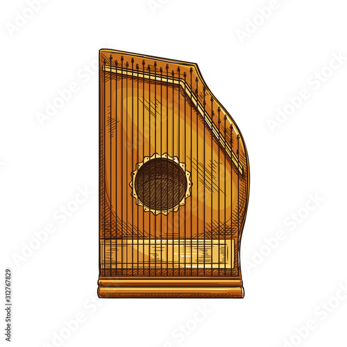 Zither musical instrument isolated sketch. Vector retro chord zither, stringed wooden object