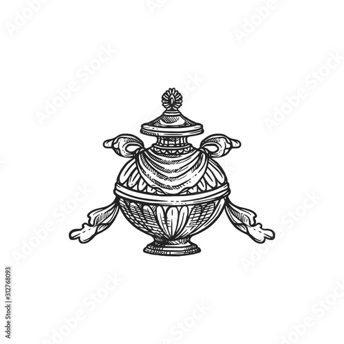 Buddhism religious symbol, bumpa vase. Buddhist worship, Hinduism Dharma religion ritual pumpa vector sketch
