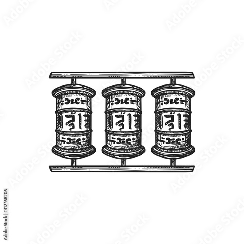 Buddhism religious symbol, prayer wheels. Buddhist Hinduism Dharma religion, temple prayer wheels vector sketch