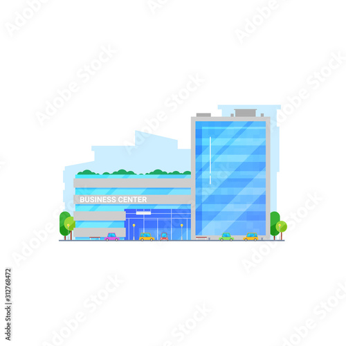 Fototapeta Naklejka Na Ścianę i Meble -  Business center building isolated vector. Modern architecture construction, office exterior construction, cars in front