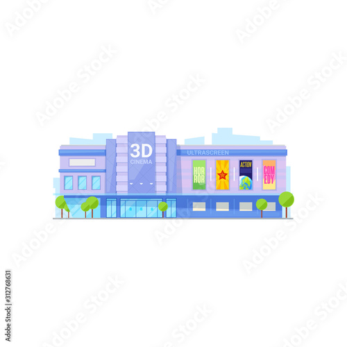 City building, cinema or movie theater. Vector facade, construction or public place, entertainment. Urban architecture with glass entrance, several storey and signboard on roof or wall, outdoor