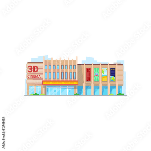 City building, cinema or movie theater. Vector facade, construction or public place, entertainment. Urban architecture with glass entrance, several storey and signboard on roof or wall, outdoor