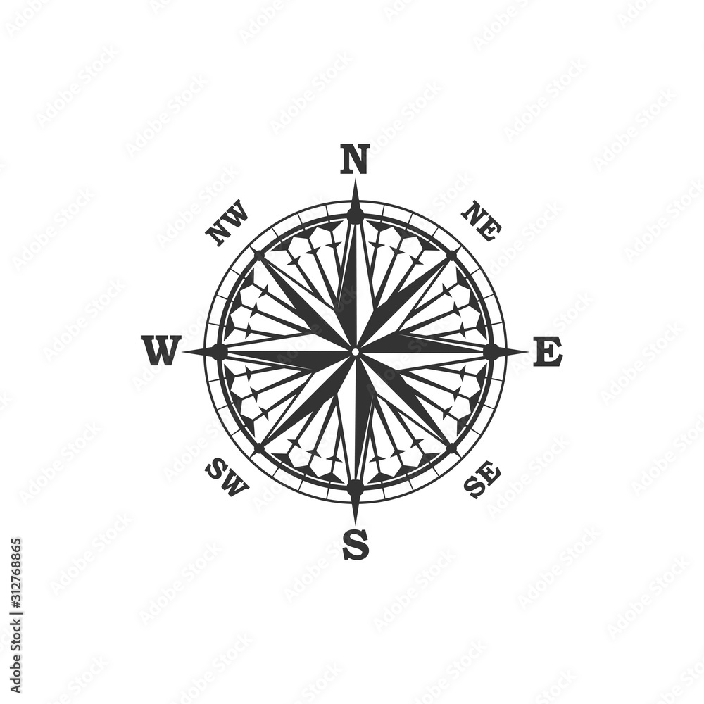 Compass symbol and sign, isolated vector marine navigation element. Rose of wind heraldic monochrome signs with world sides, north and south, west and east. Geography and cartography, map Compass symbol and sign, isolated vector marine navigation element. Rose of wind heraldic monochrome signs with world sides, north and south, west and east. Geography and cartography, map