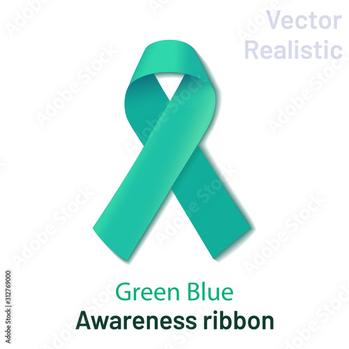 Realistic green ribbon folded in a loop on a white background. The green crossed ribbon is a symbol of the problem: sexual violence, polycystic ovary syndrome, polycystic kidney disease, gynecological