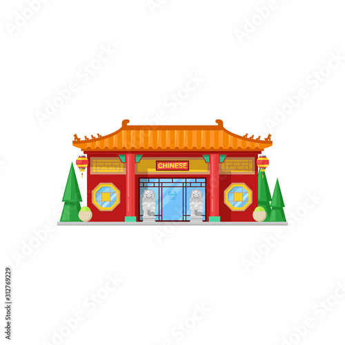 Chinese restaurant isolated exterior design. Vector cafe building, China cuisine bistro, ion statues