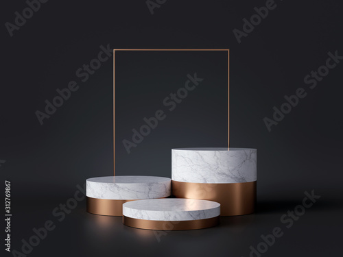 3d rendering of white marble pedestal isolated on black background, gold square frame, three cylinder blocks, abstract minimal concept, blank space, simple clean design, luxury minimalist mockup