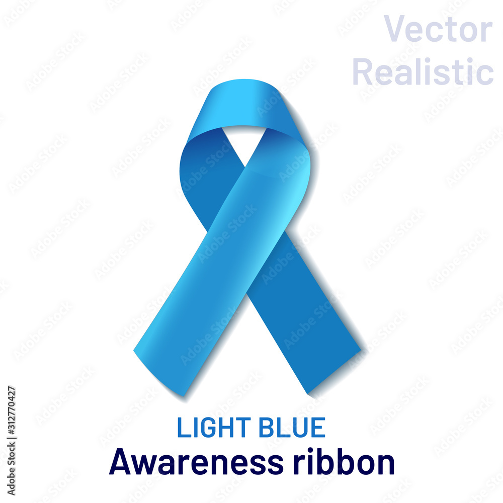 Realistic light blue ribbon folded in a loop on a white background. A ...